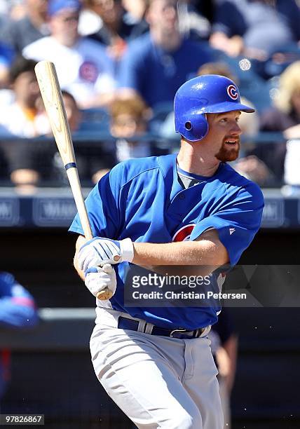 Chad Tracy of the Chicago Cubs bats against the San Diego Padres during the MLB spring training game at Peoria Stadium on March 11, 2010 in Peoria,...