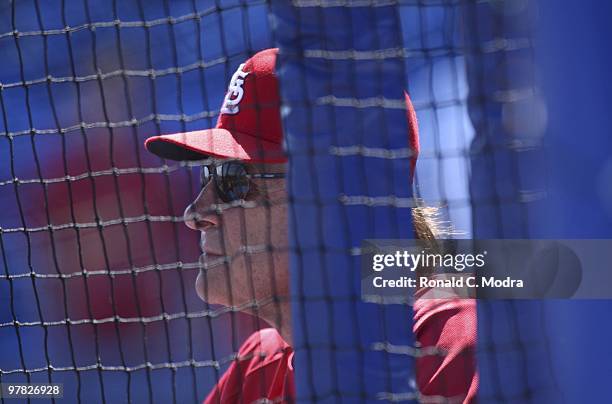 Manager Tony La Russa of the St. Louis Cardinals during batting practice before a game against the New York Mets at Tradition Field on March 15, 2010...