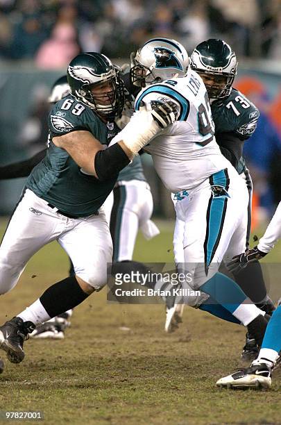Philadelphia Eagles offensive linemen Jon Runyan and Shawn Andrews battle Carolina Panthers defensive tackle Damione Lewis on Monday Night, December...