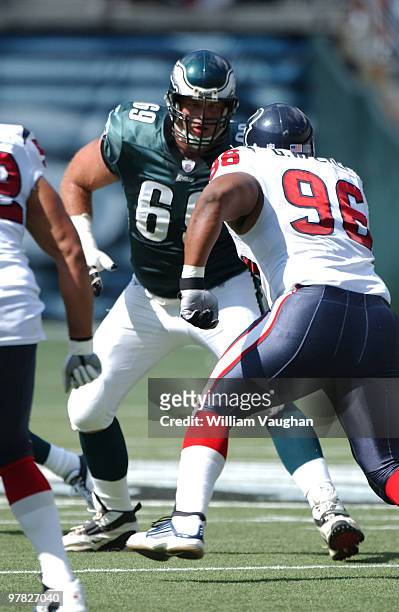 Philadelphia Eagles offensive tackle Jon Runyan blocking Houston Texans defensive end Gary Walker . On September 29, 2002 the Philadelphia Eagles won...