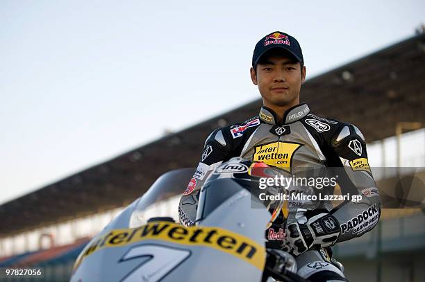 Hiroshi Aoyama of Japan and Interwetten MotoGP Team poses on the track with his bike during the official photograph for the start of the season...