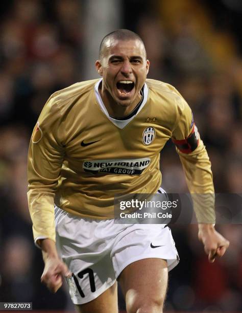 David Trezeguet of Juventus celebrates scoring the opening goal during the UEFA Europa League Round of 16 second leg match between Fulham and...