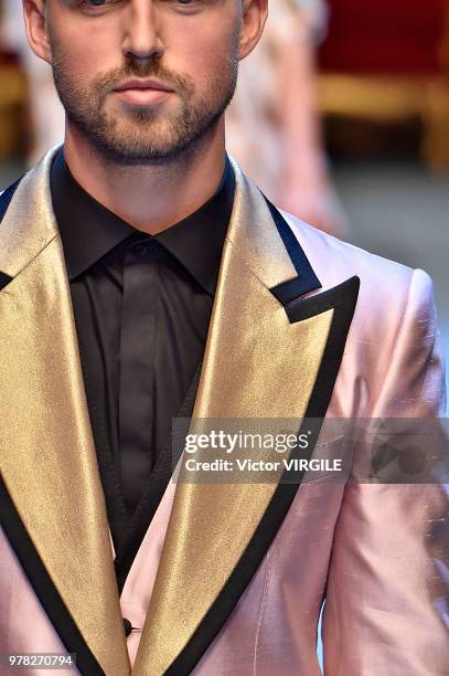 Model walks the runway at the Dolce & Gabbana show during Milan Men's Fashion Week Spring/Summer 2019 on June 16, 2018 in Milan, Italy.