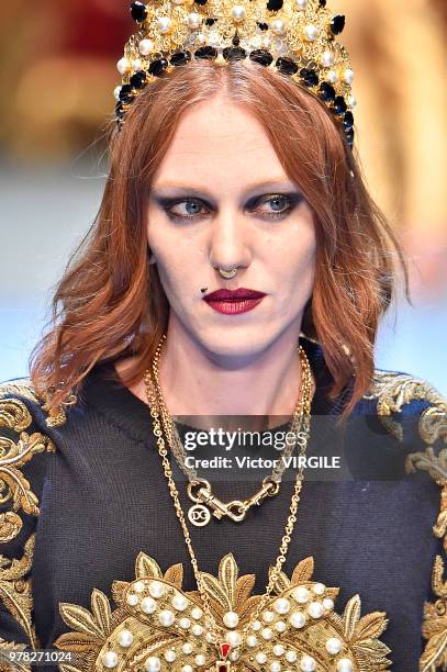 Model walks the runway at the Dolce & Gabbana show during Milan Men's Fashion Week Spring/Summer 2019 on June 16, 2018 in Milan, Italy.