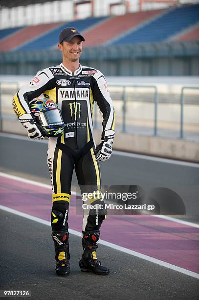 Colin Edwards of USA and Monster Yamaha Tech 3 poses on the track during the official photo for the start of the season during the second day of...