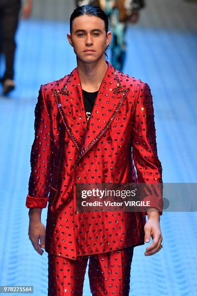 Nash Grier walks the runway at the Dolce & Gabbana show during Milan Men's Fashion Week Spring/Summer 2019 on June 16, 2018 in Milan, Italy.