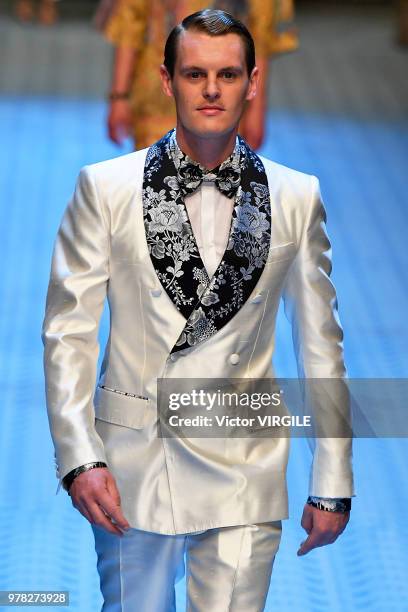 Model walks the runway at the Dolce & Gabbana show during Milan Men's Fashion Week Spring/Summer 2019 on June 16, 2018 in Milan, Italy.