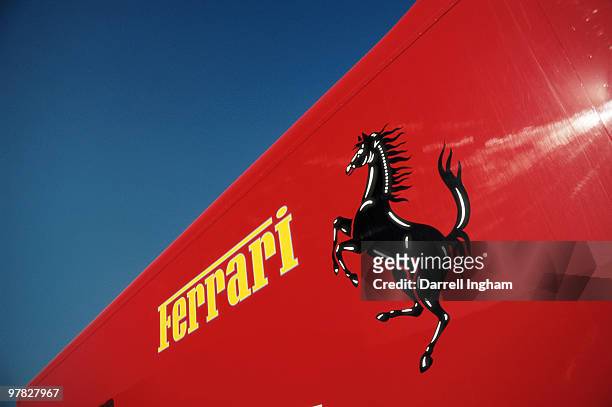 The Prancing Horse logo of the Scuderia Ferrari racing team during the British Grand Prix on 14 July 1990 at the Silverstone Circuit in Silverstone,...