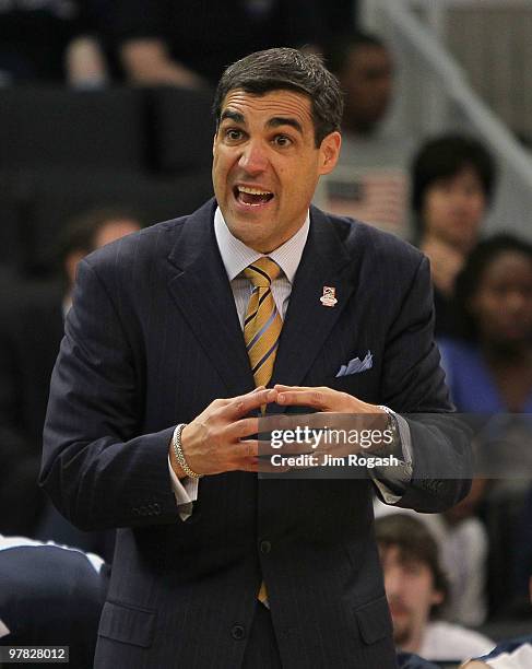 Coach Jay Wright reacts against the Villanova Wildcats against the Robert Morris Colonials during the first round of the NCAA men's basketball...