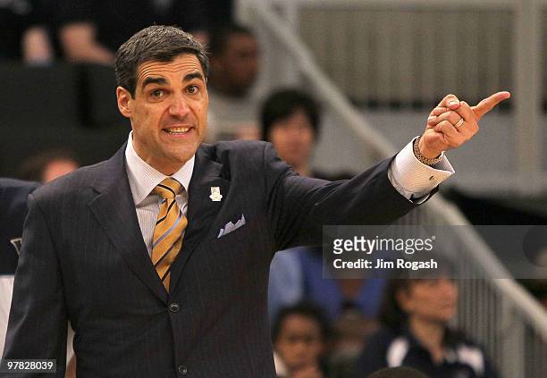 Coach Jay Wright reacts against the Villanova Wildcats against the Robert Morris Colonials during the first round of the NCAA men's basketball...