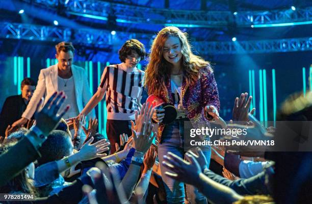 Sadie Sink, Finn Wolfhard, Gaten Matarazzo, Noah Schnapp and Dacre Montgomery of ÔStranger Things 2Õ accept the award for Best Show for the second...