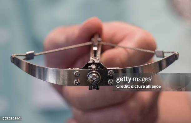 An officer presents a miniature crossbow at the customs office's annual press conference in Frankfurt, Germany, 24 April 2018. The item, originally...