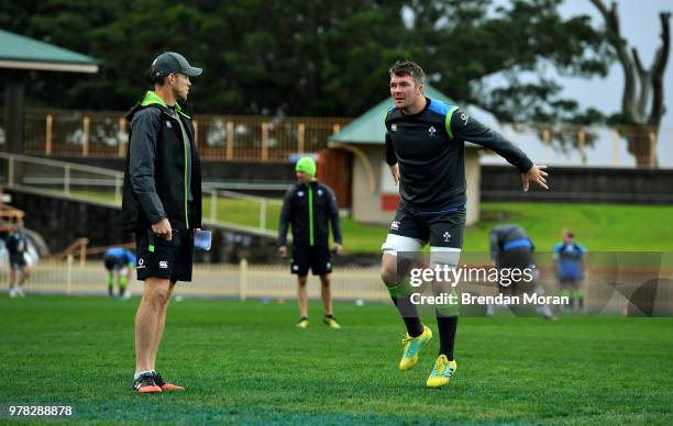 Sydney , Australia - 18 June 2018; Forwards coach Simon Easterby, left, with captain Peter O'Mahony during Ireland rugby squad training at North...