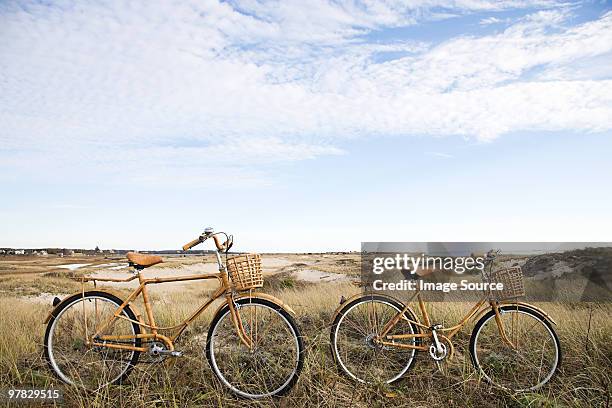 bicycles near sand dunes - marram grass stockfoto's en -beelden