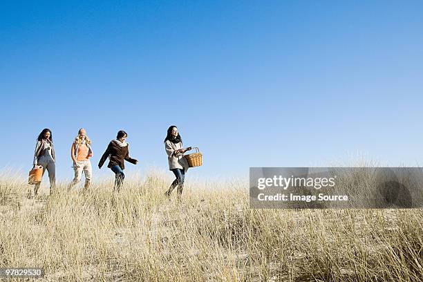 female friends walking in marram grass - helm riet stockfoto's en -beelden