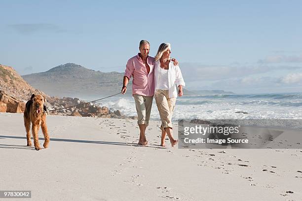 couple walking dog by the sea - mature adult walking dog stock pictures, royalty-free photos & images
