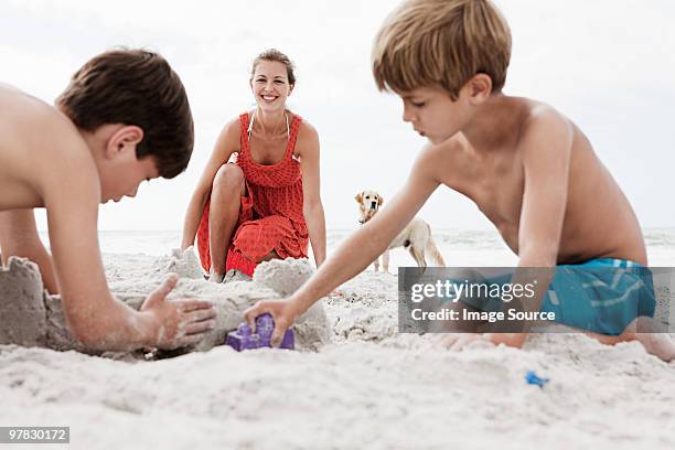 madre e figli che giocano nella sabbia - soltanto un animale foto e immagini stock