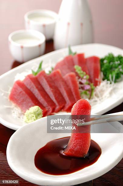 sashimi of tuna and sake - wasabi sauce stock pictures, royalty-free photos & images