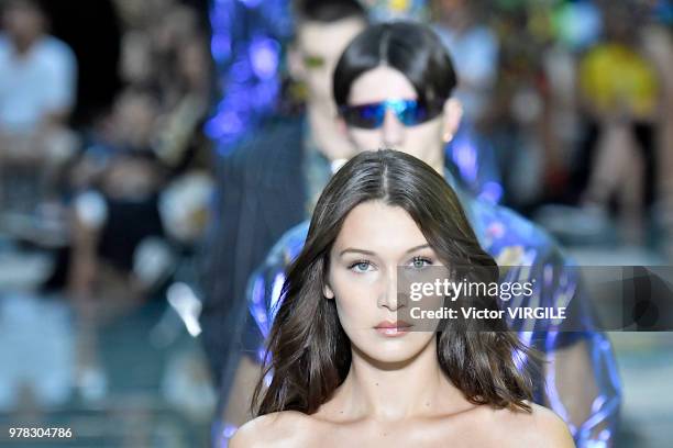 Bella Hadid walks the runway at the Versace Fashion show during Milan Men's Fashion Week Spring/Summer 2019 on June 16, 2018 in Milan, Italy.