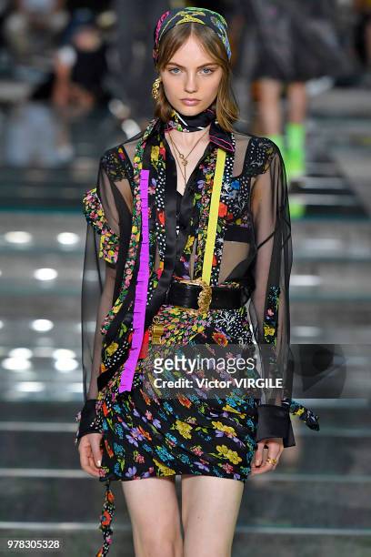 Model walks the runway at the Versace Fashion show during Milan Men's Fashion Week Spring/Summer 2019 on June 16, 2018 in Milan, Italy.