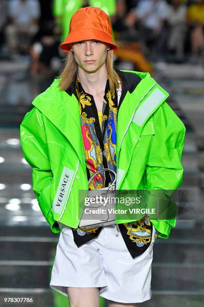 Model walks the runway at the Versace Fashion show during Milan Men's Fashion Week Spring/Summer 2019 on June 16, 2018 in Milan, Italy.