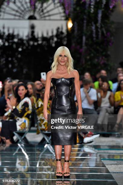 Donatella Versace walks the runway at the Versace Fashion show during Milan Men's Fashion Week Spring/Summer 2019 on June 16, 2018 in Milan, Italy.