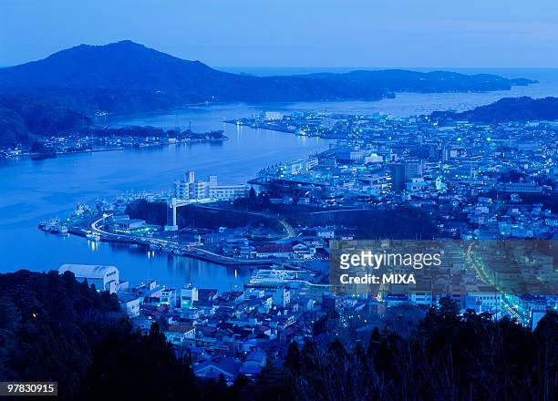 night view of kesennuma port, kesennuma, miyagi, japan - prefectura de miyagi fotografías e imágenes de stock