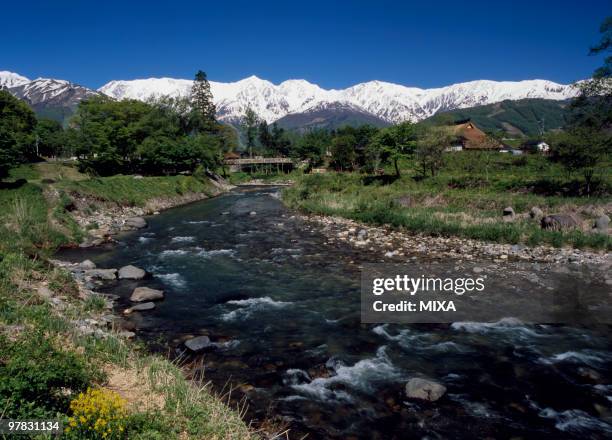 hime river, hakuba, nagano, japan - hida mountain range stock pictures, royalty-free photos & images
