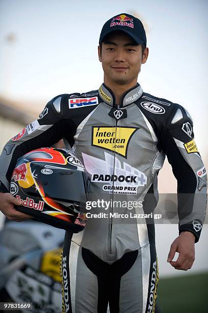 Hiroshi Aoyama of Japan and Interwetten MotoGP Team poses on the track during the official photo for the start of the season during the second day of...