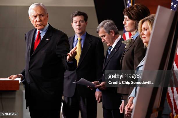 Sen. Orrin Hatch , Sen. Sam Brownback , Sen. Mike Johanns , , Rep. Cathy McMorris Rodgers and Rep. Marsha Blackburn hold a news conference at the...