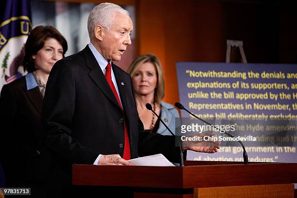 Sen. Orrin Hatch , is joined by Rep. Cathy McMorris Rodgers and Rep. Marsha Blackburn during a news conference at the U.S. Capitol March 18, 2010 in...