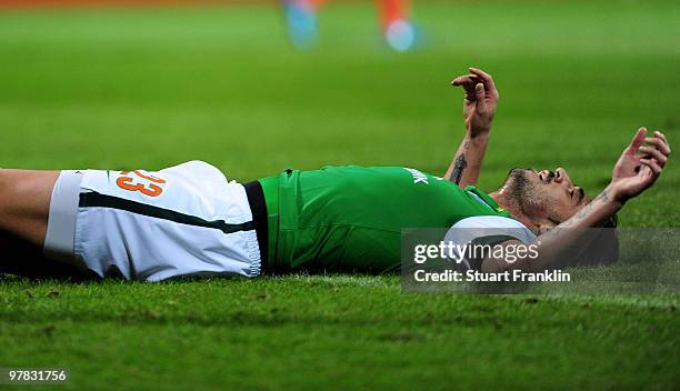 Hugo Almeida of Bremen reacts to a missed chance during the UEFA Europa League round of 16 second leg match between SV Werder Bremen and Valencia at...