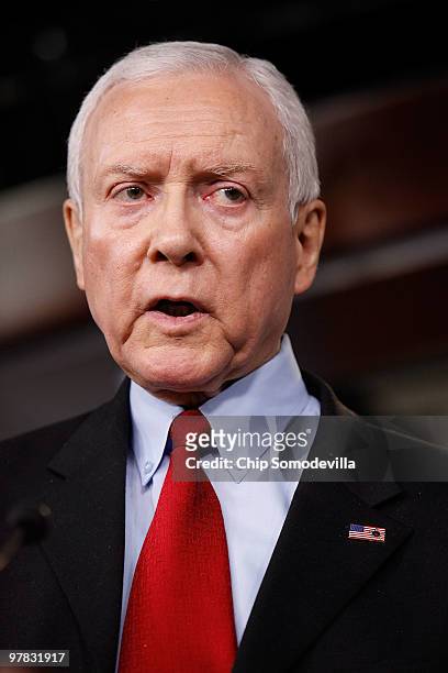 Sen. Orrin Hatch answers reporter's questions during a news conference at the U.S. Capitol March 18, 2010 in Washington, DC. Hatch and the other...