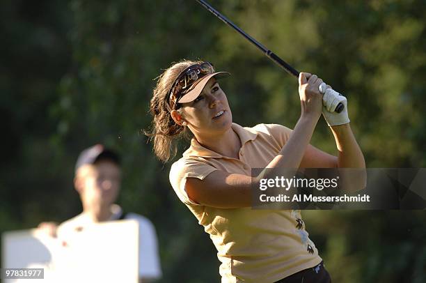Celeste Trocha follows her drive off the 13th tee during the second round of the Safeway Classic, at the Columbia-edgewater Country Club, Portland,...