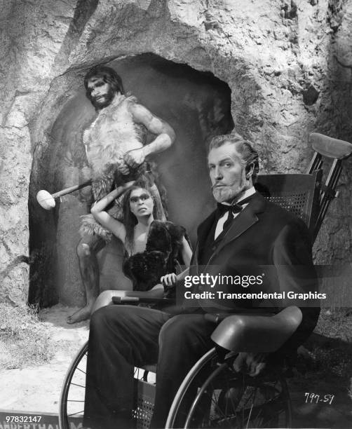 Promotional portrait of American actor Vincent Price as he sits in a wheelchair for 'House of Wax' , 1953.