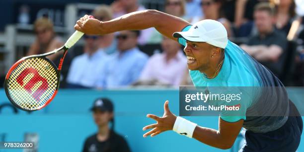 Jay Clarke in action during Fever-Tree Championships 1st Round match between Sam Querrey against Jay Clarke at The Queen's Club, London, on 18 June...