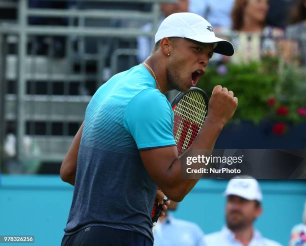 Jay Clarke celebrates a point during Fever-Tree Championships 1st Round match between Sam Querrey against Jay Clarke at The Queen's Club, London, on...