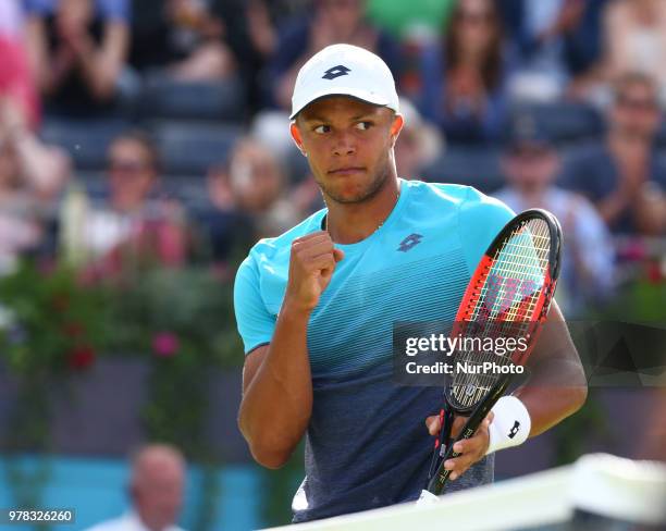 Jay Clarke celebrates a point during Fever-Tree Championships 1st Round match between Sam Querrey against Jay Clarke at The Queen's Club, London, on...