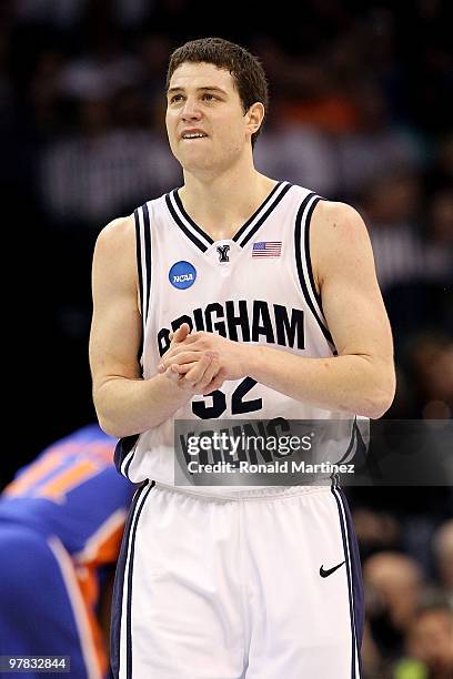 Jimmer Fredette of the BYU Cougars looks on against the Florida Gators during the first round of the 2010 NCAA men�s basketball tournament at Ford...