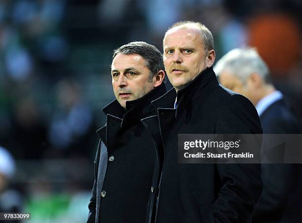Klaus Allofs, Sport Director of Bremen and Thomas Schaaf, Head Coach of Bremen during the UEFA Europa League round of 16 second leg match between SV...