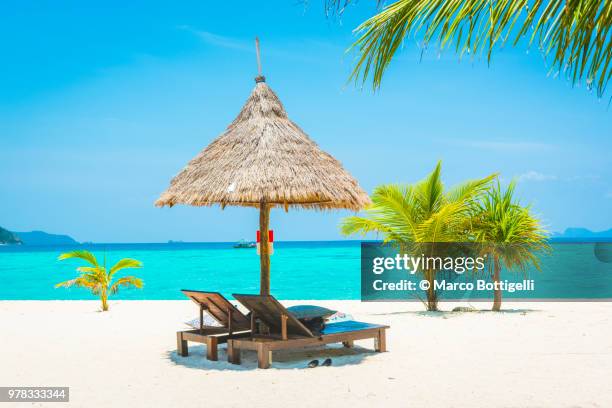 thatched beach umbrella on tropical beach - marco bottigelli stock pictures, royalty-free photos & images