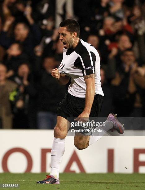 Clint Dempsey of Fulham celebrates scoring during the UEFA Europa League Round of 16 second leg match between Fulham and Juventus at Craven Cottage...