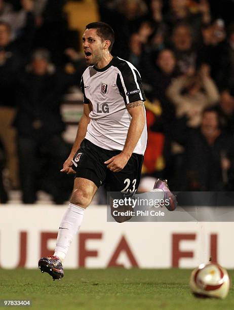 Clint Dempsey of Fulham celebrates scoring during the UEFA Europa League Round of 16 second leg match between Fulham and Juventus at Craven Cottage...