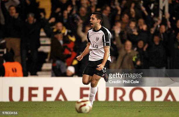 Clint Dempsey of Fulham celebrates scoring during the UEFA Europa League Round of 16 second leg match between Fulham and Juventus at Craven Cottage...