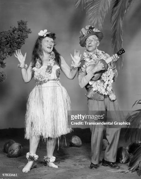 Promotional portrait of American actors Marjorie Main and Percy Kilbride as the titular characters in 'Ma and Pa Kettle at Waikiki' , 1955.