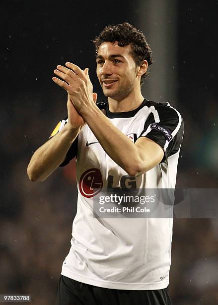 Stephen Kelly of Fulham celebrates victory after the UEFA Europa League Round of 16 second leg match between Fulham and Juventus at Craven Cottage on...