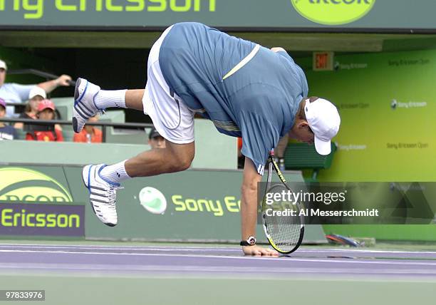 Bob Bryan tumbles during the men's doubles finals March 31 at the 2007 Sony Ericsson Open at Key Biscayne. Bob and Mike Bryan defeated Martin Damm...