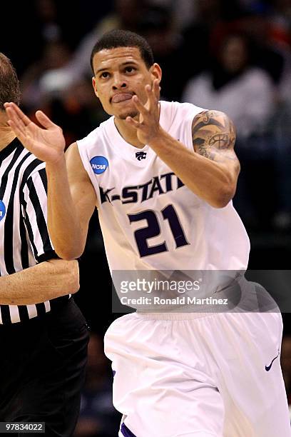 Denis Clemente of the Kansas State Wildcats reacts against the North Texas Mean Green during the first round of the 2010 NCAA men's basketball...