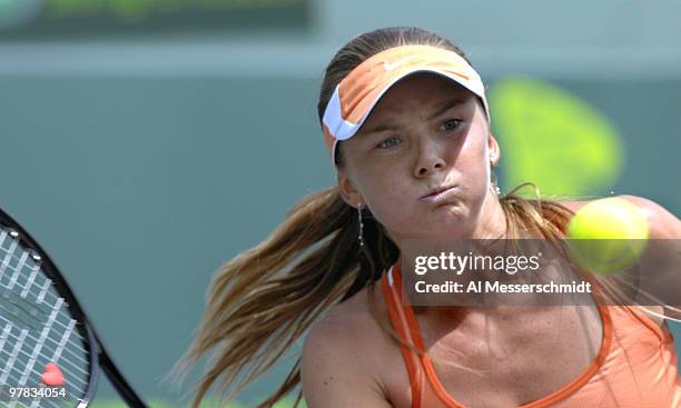 Daniela Hantuchova returns a forehand in the women's doubles semi-finals March 30 at the 2007 Sony Ericsson Open at Key Biscayne. Cara Black and...