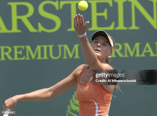 Daniela Hantuchova serves in the women's doubles semi-finals March 30 at the 2007 Sony Ericsson Open at Key Biscayne. Cara Black and Liezel Huber...